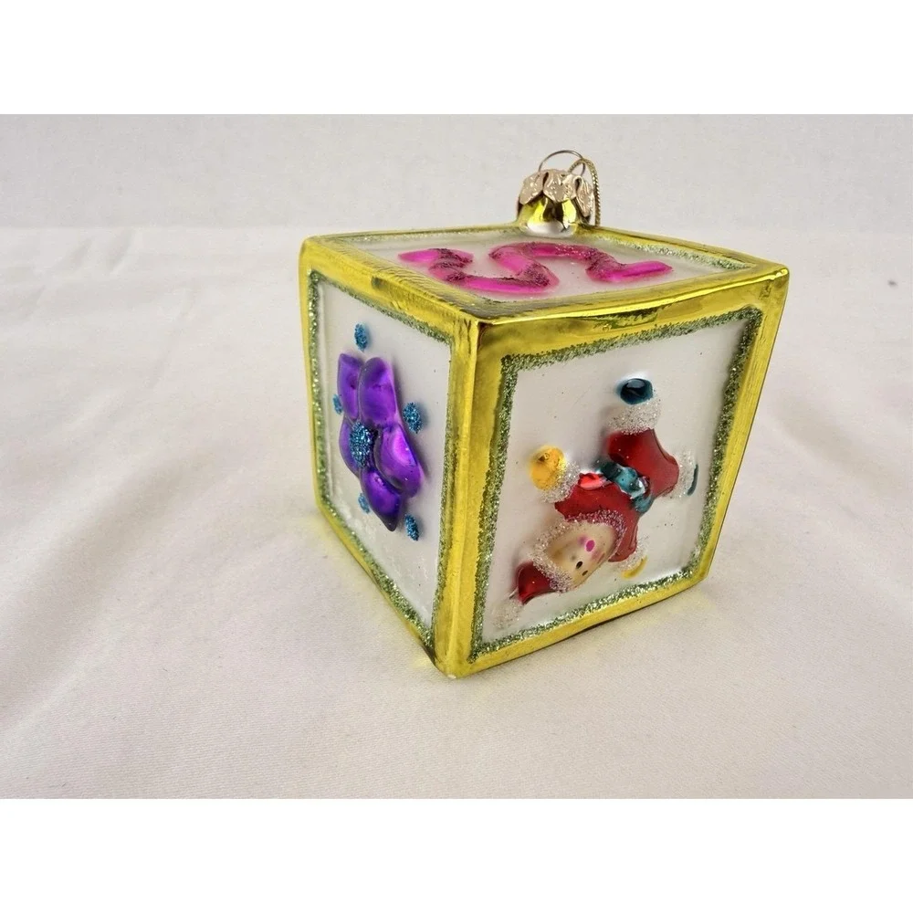 Vintage Hand Blown Glass Cube Christmas‎ Ornament Raised Applied Decoration